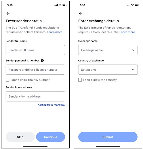 Datos del remitente y datos del exchange de origen al recibir cripto en la UE
